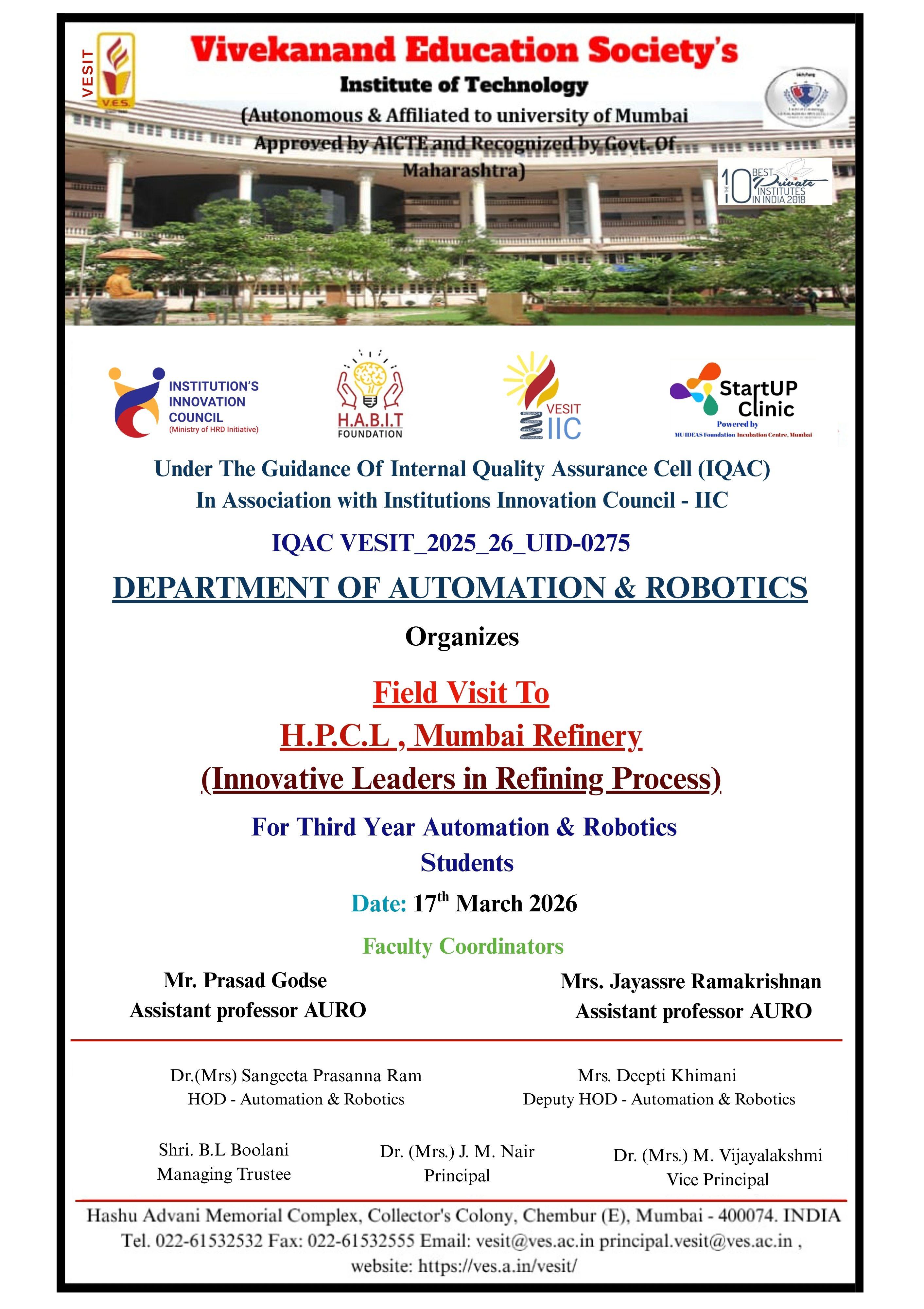 Field Visit to HPCL, Mumbai Refinery for their Third Year Automation & Robotics Students