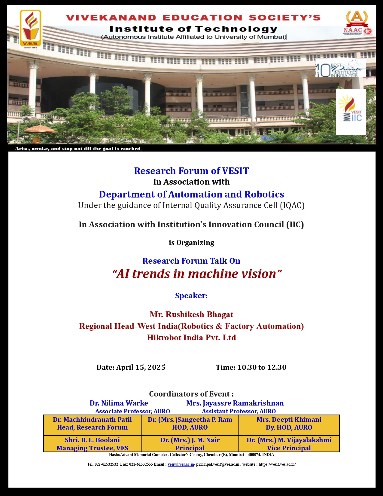Research Forum Talk on “AI Trends in Machine Vision"