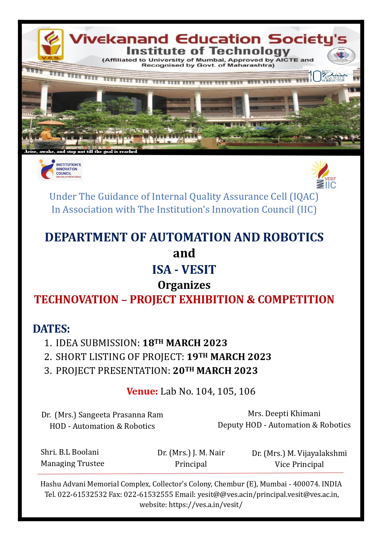 DEPARTMENT OF AUTOMATION AND ROBOTICS and ISA - VESIT Organizes TECHNOVATION – PROJECT EXHIBITION & COMPETITION