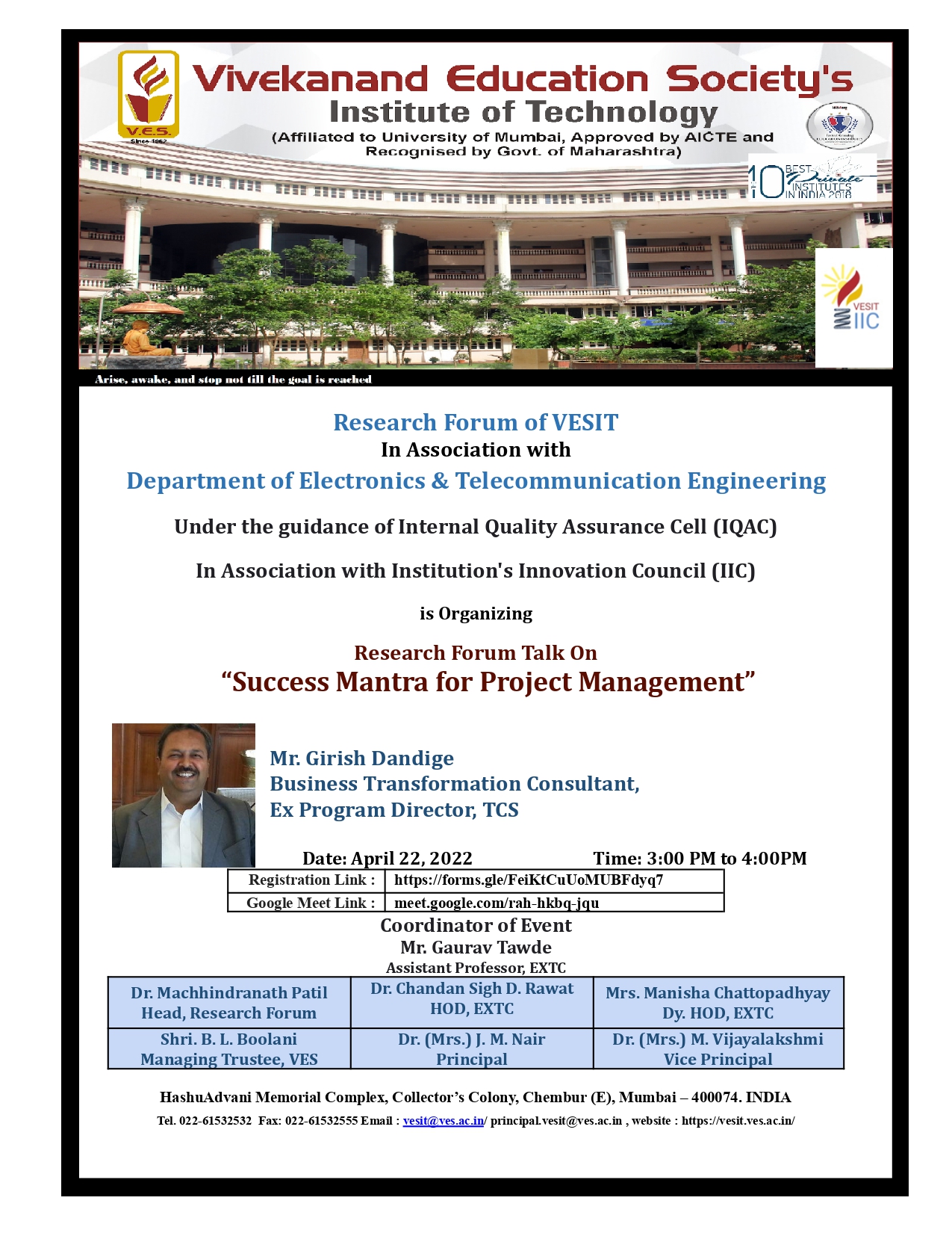 Research Forum Talk on “Success Mantra for Project Management''