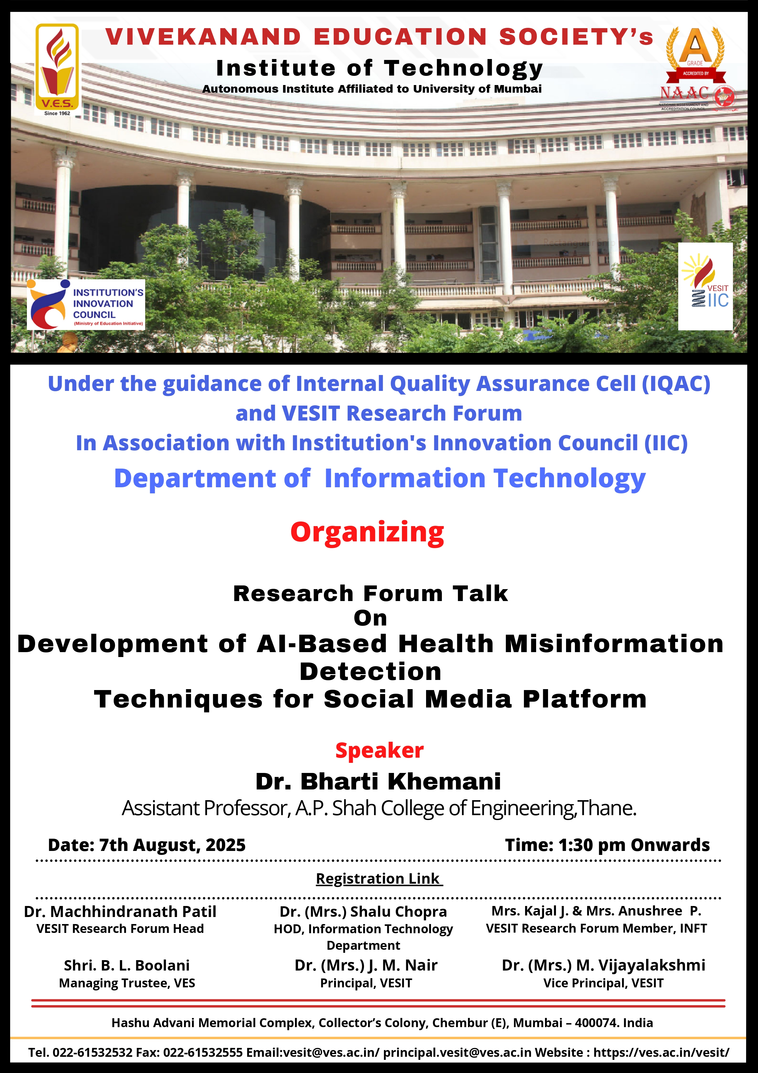 Invitation for Research Forum talk on “Development of AI-Based Health Misinformation Detection Techniques for Social Media Platform"