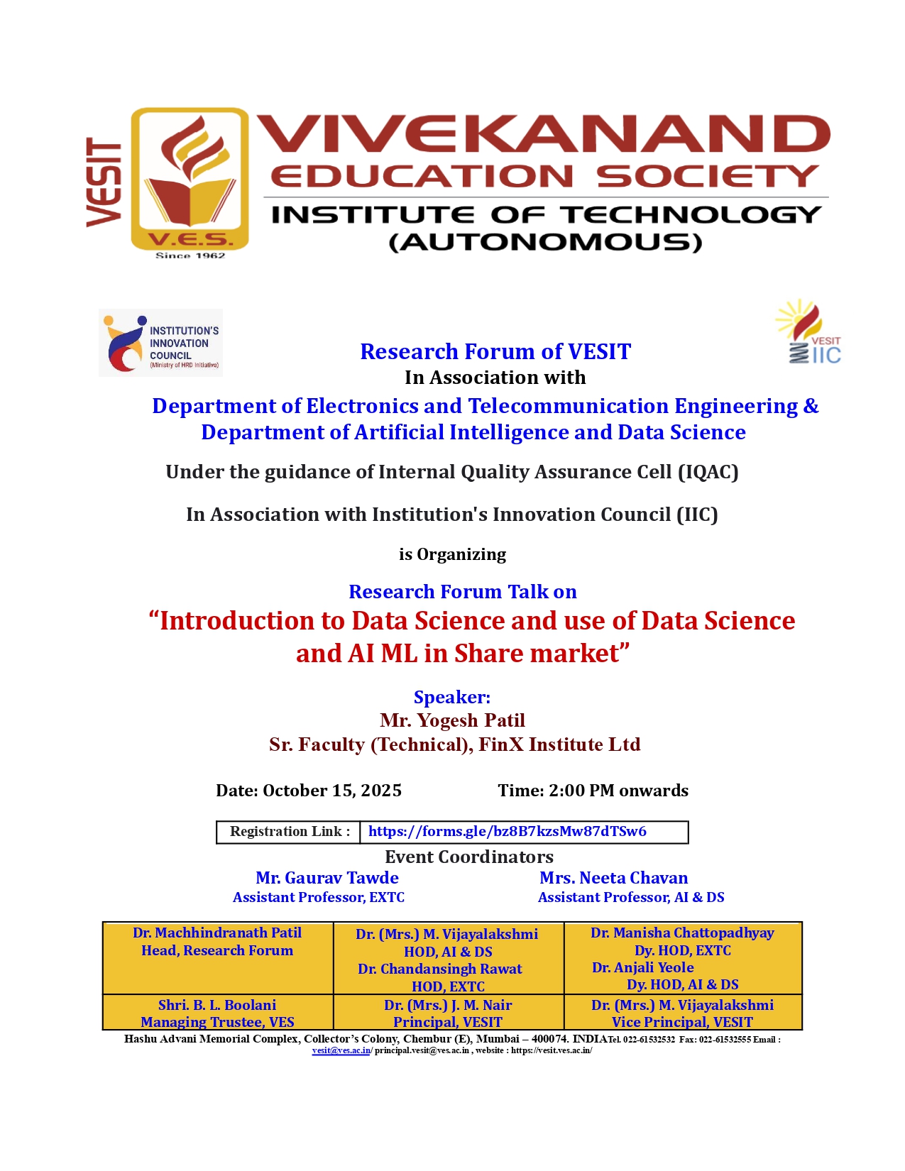 Research Forum Talk on "Introduction to Data Science and use of Data Science and AI ML in Share market"