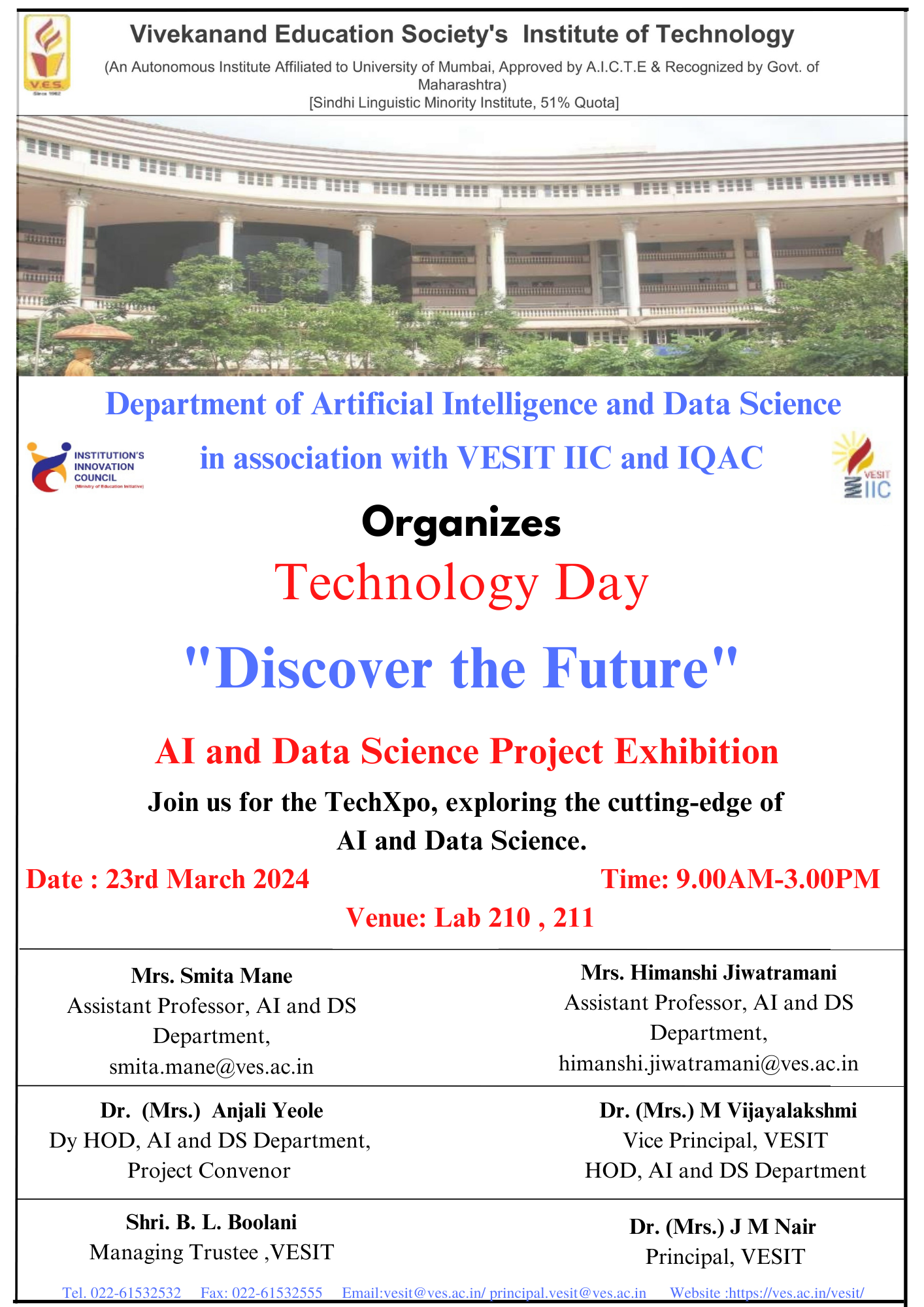 VESIT AIDS: Technology Day, ”Discover the Future" AI and Data Science Project Exhibition.