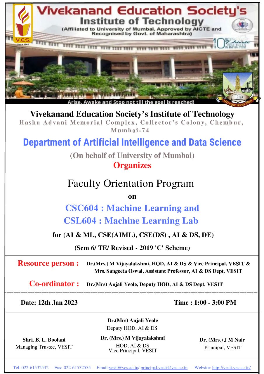 Faculty Orientation Program on CSC604 : Machine Learning and CSL604 : Machine Learning Lab