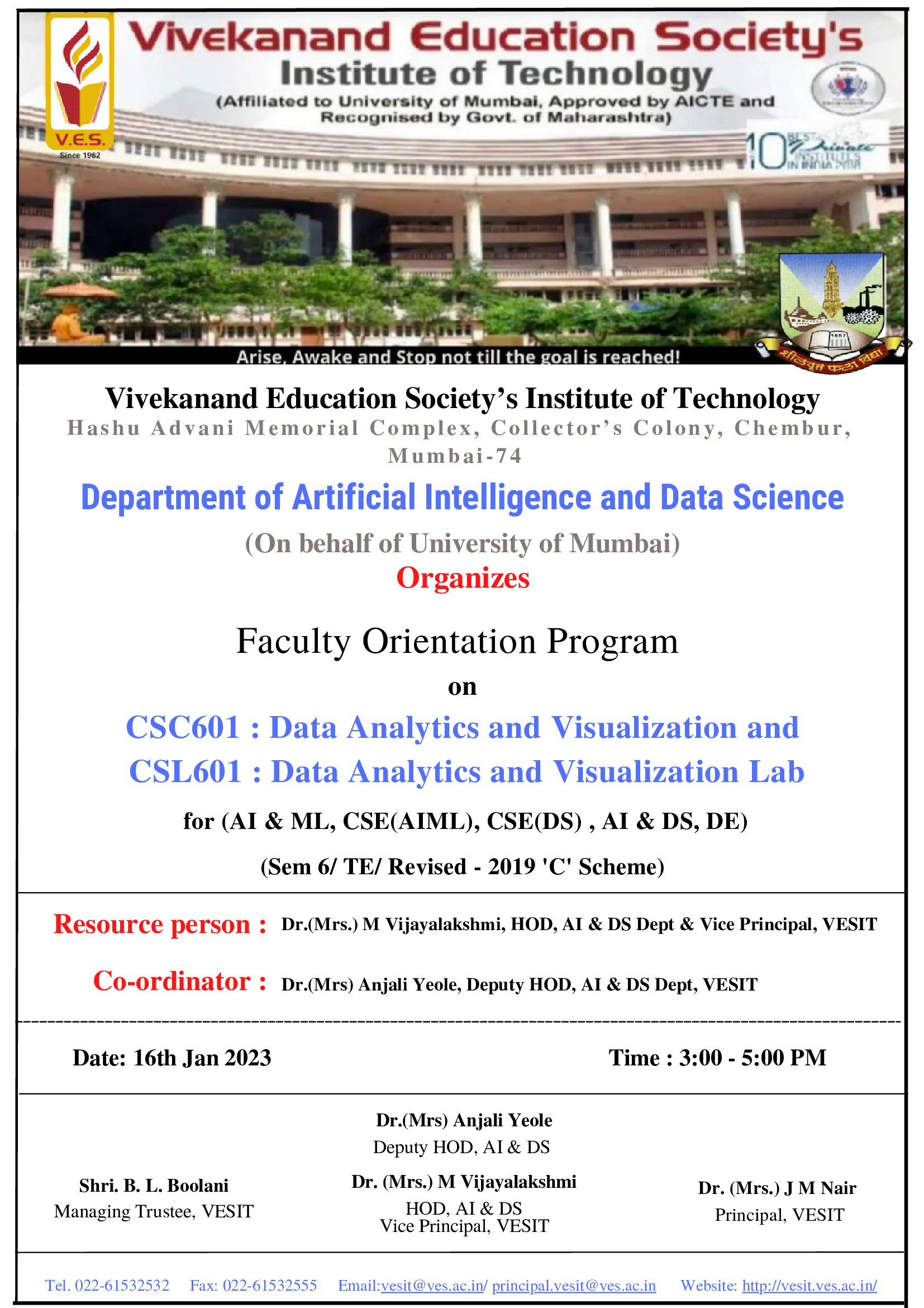 Faculty Orientation Program  on  CSC601 : Data Analytics and Visualization and CSL601 : Data Analytics and Visualization Lab