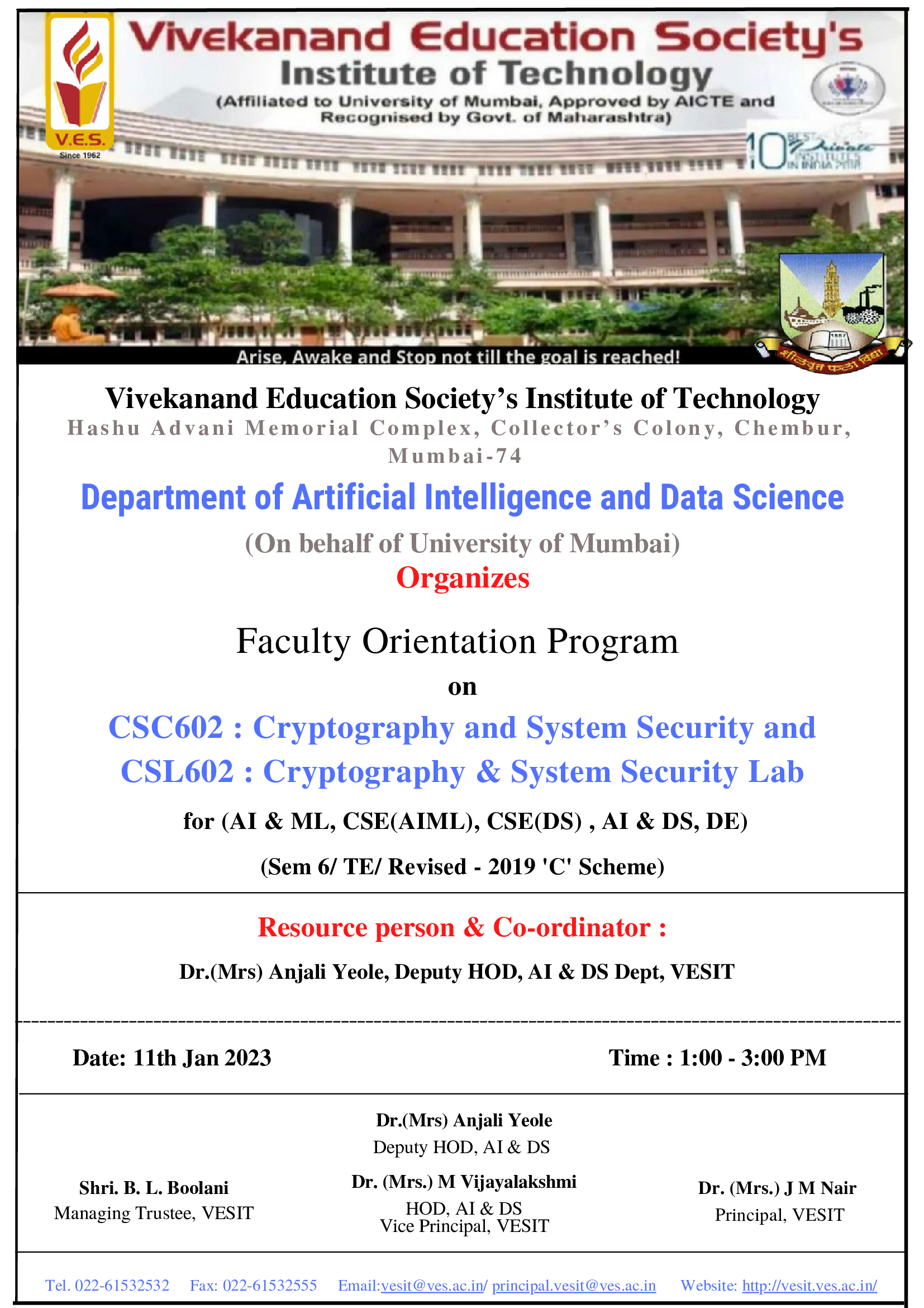 Faculty Orientation Program  on  CSC602 : Cryptography and System Security and CSL602 : Cryptography & System Security Lab