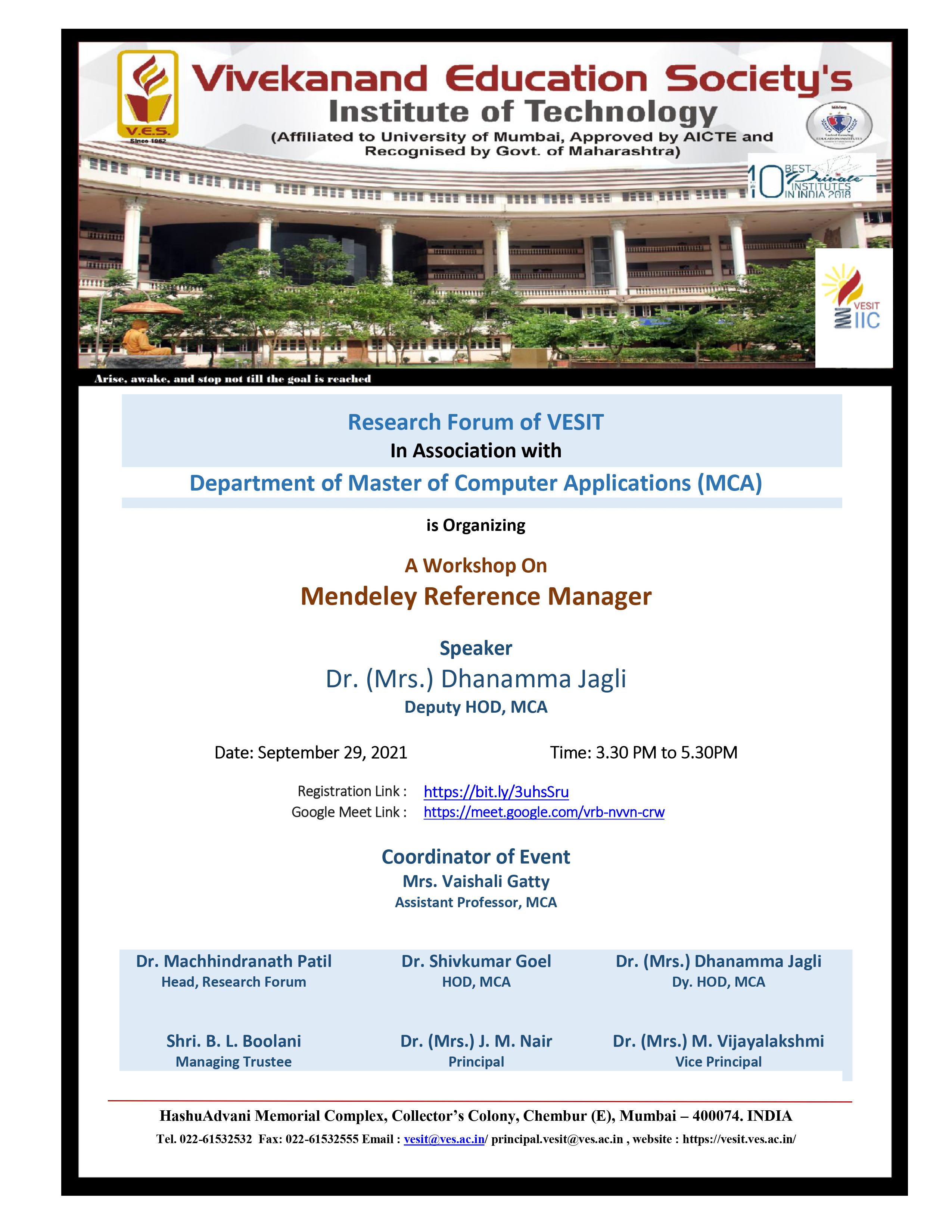 Workshop On "Mendeley Reference Manager"on 29th September2021 @3:30PM