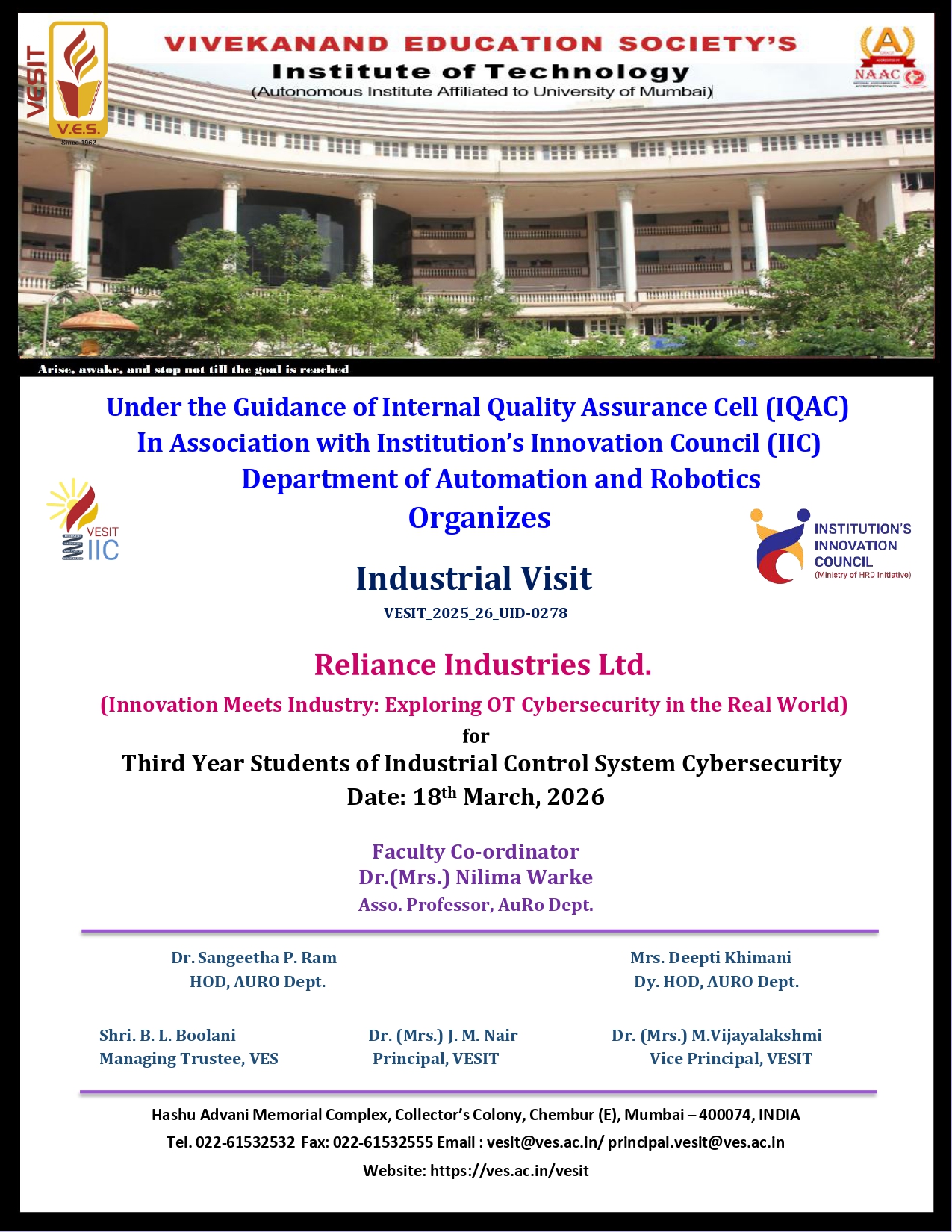 Industrial Visit to Reliance Industries Ltd, Rasayani Patalganga