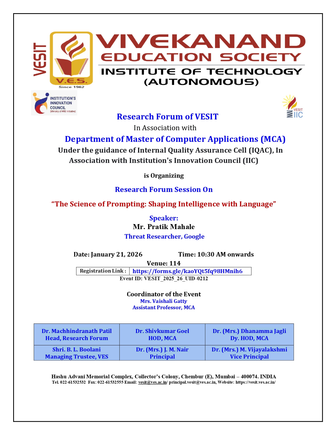 Research Forum Session on "The Science of Prompting: Shaping Intelligence with Language” on 21th January, 2026 at 10.30 am