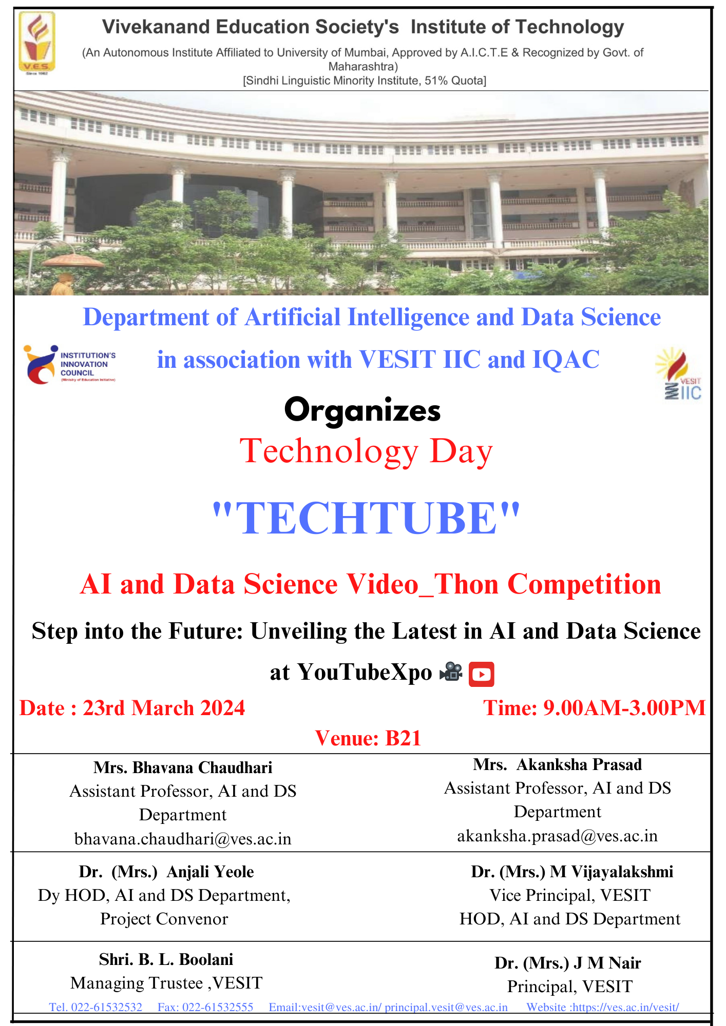 VESIT AIDS: Technology Day, ”Techtube” ,AI and Data Science video_Thon competition at YouTube Xpo