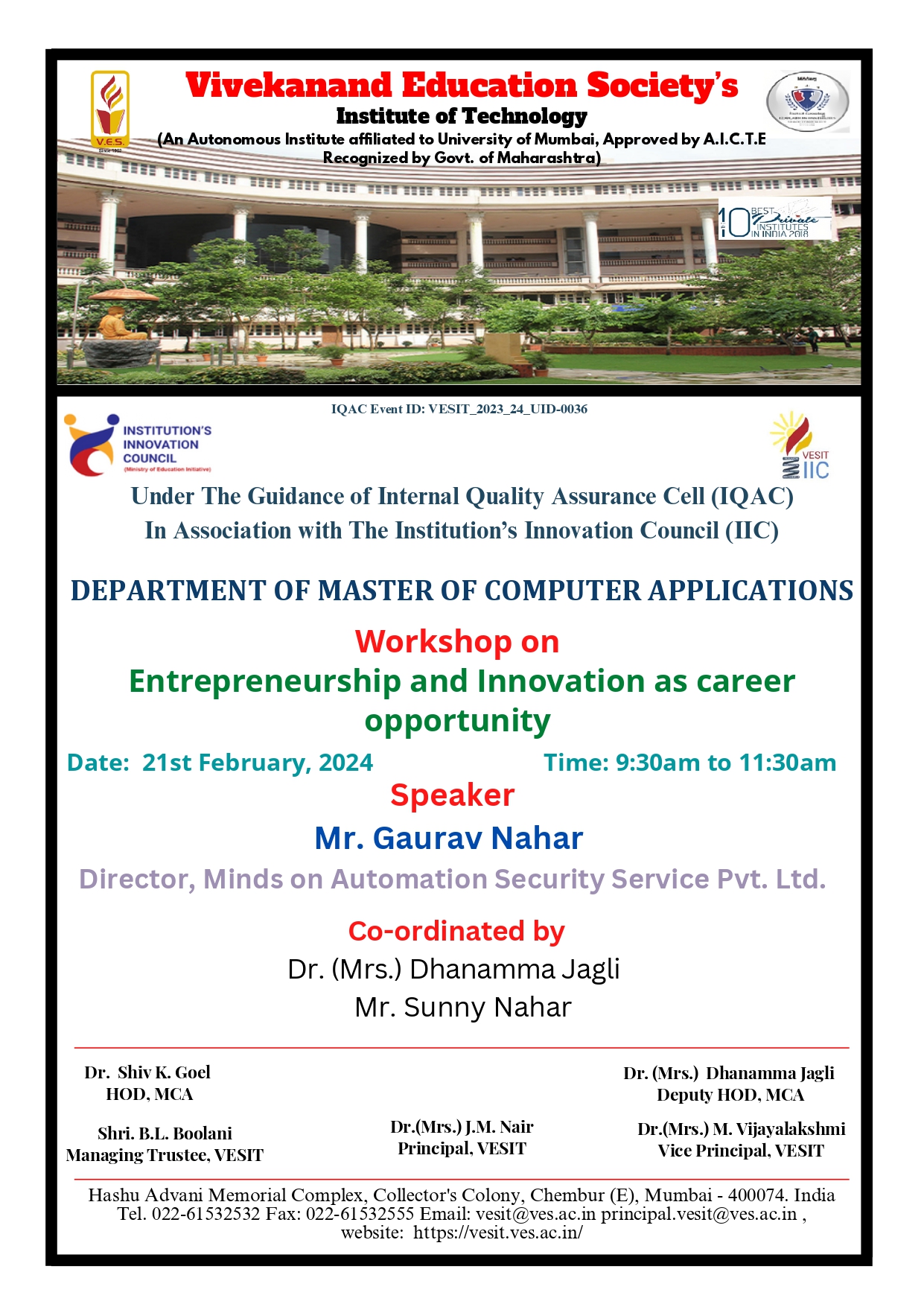 Workshop on Entrepreneurship and Innovation as career opportunity #VESIT Auditorium @VESIT