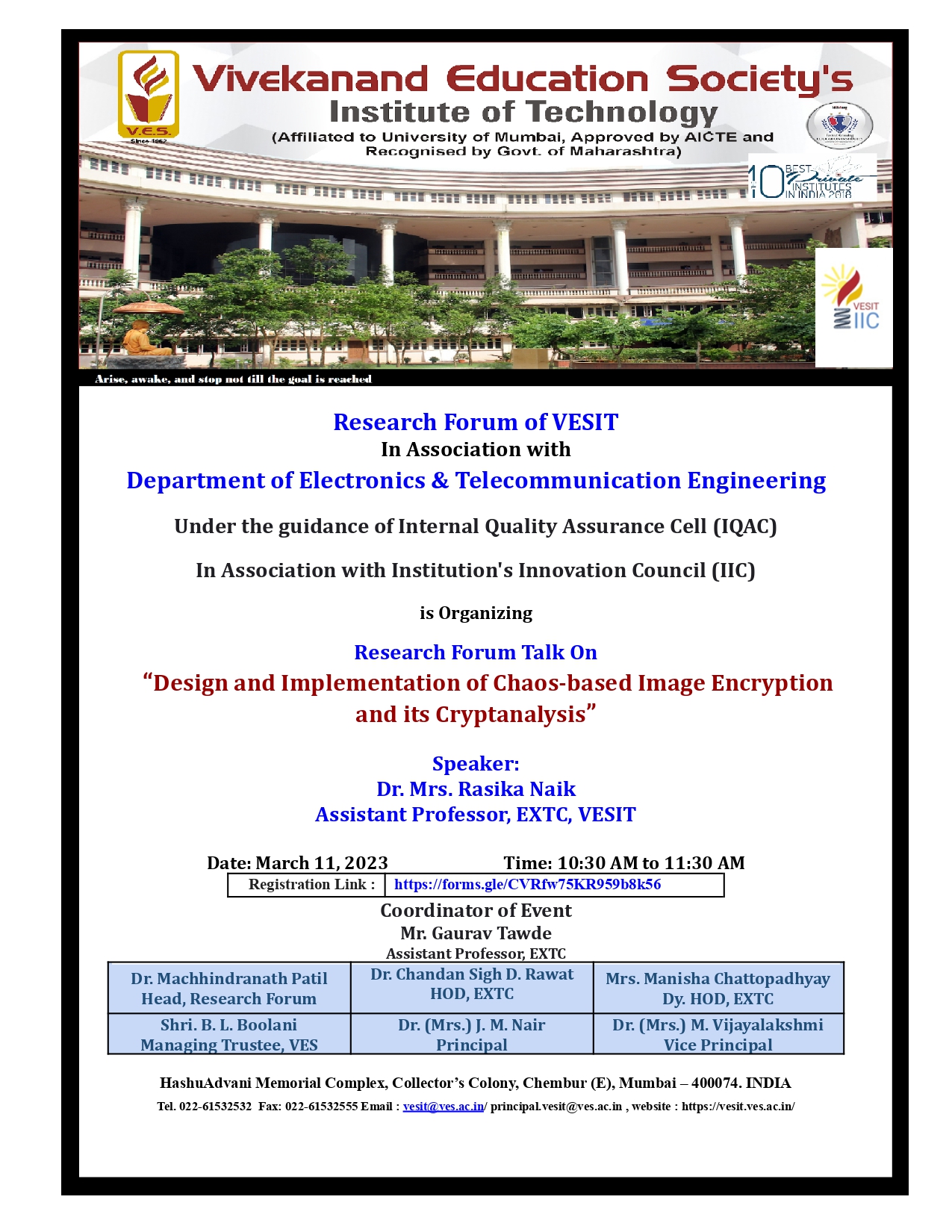 Research Forum Talk On "Design and Implementation of Chaos-based Image Encryption and its Cryptanalysis"