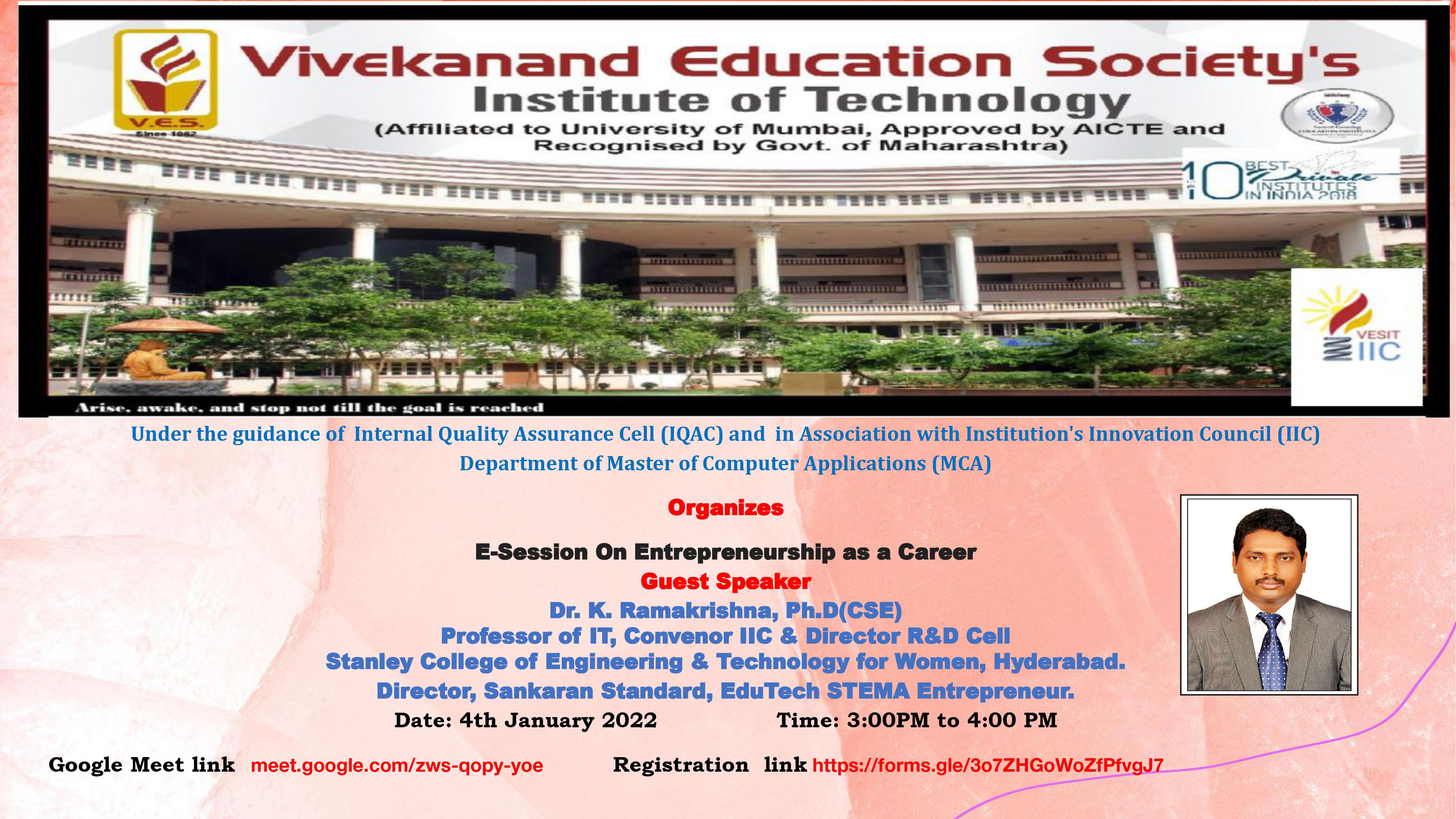 Publicity : E-Session on Entrepreneurship as a Career on 4th January 2022 @ 3PM