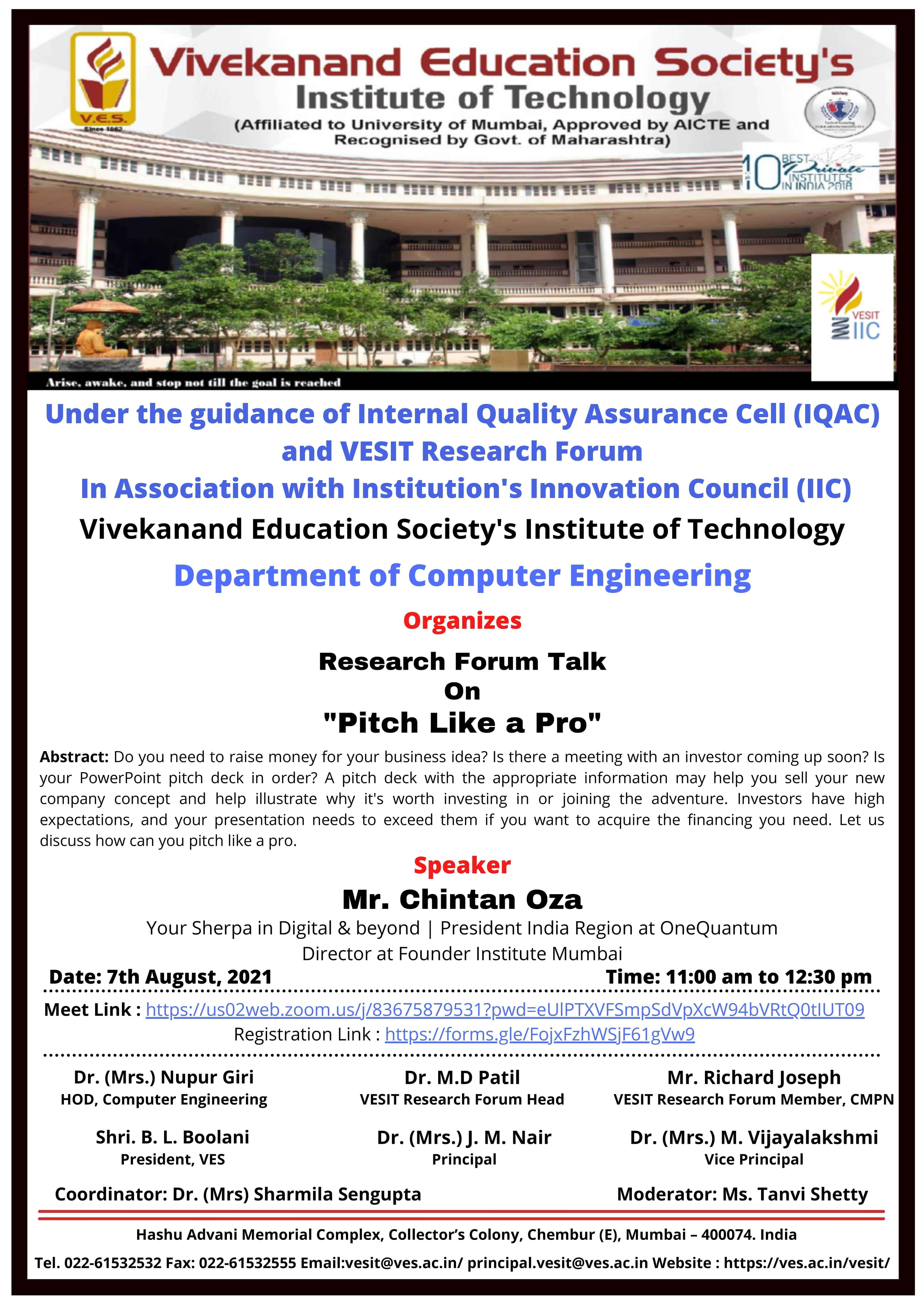 Press Note &amp; Poster for the Research Forum Talk on Pitch Like a Pro on 7th Aug 2021 @11am