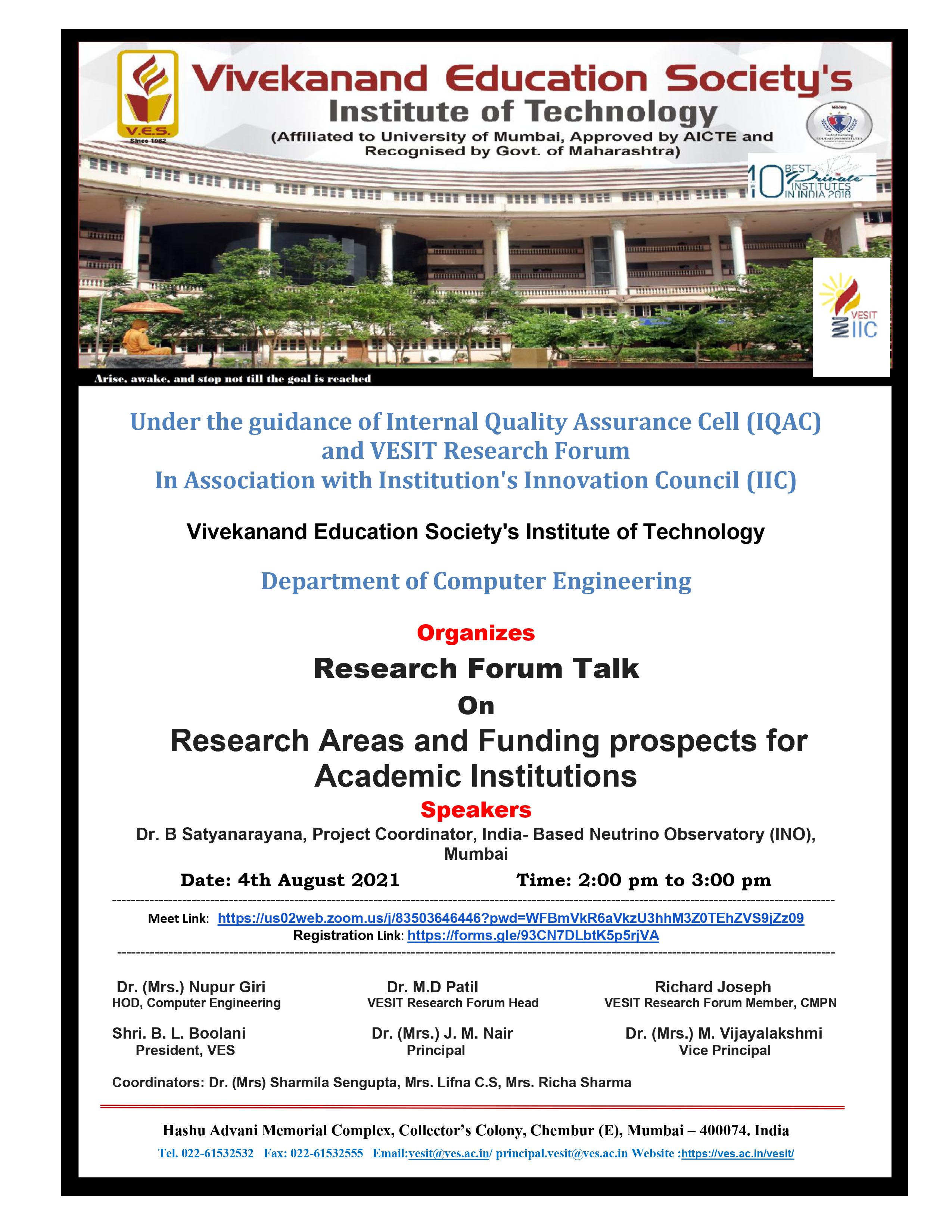 Press Note &amp; Poster for the Research Forum Talk on Research Areas and Funding prospects for Academic Institutions on 4th Aug 2021 @ 2pm