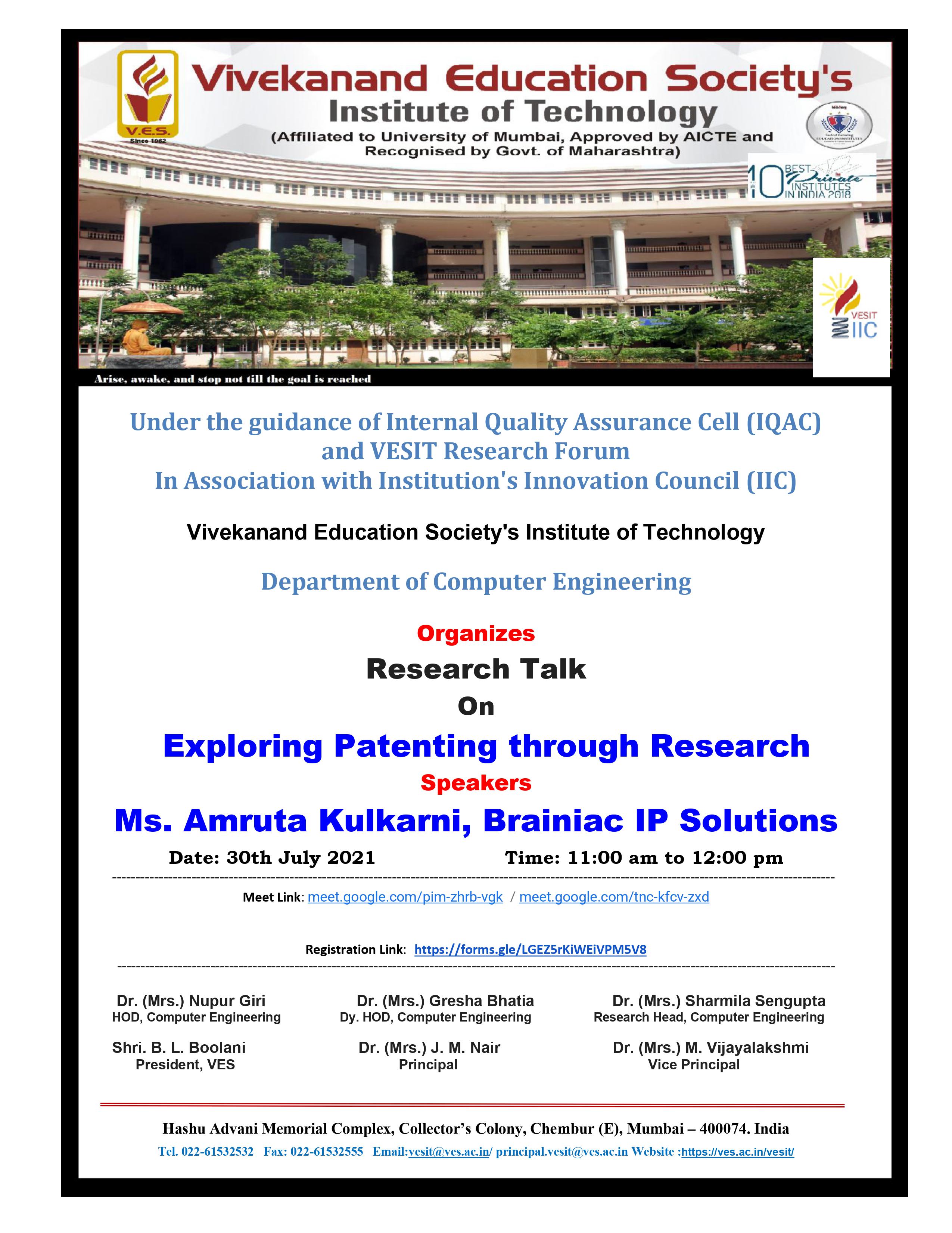 Research Talk @ VESIT under VESIT Research Forum on 30th Jul 2021 @11am