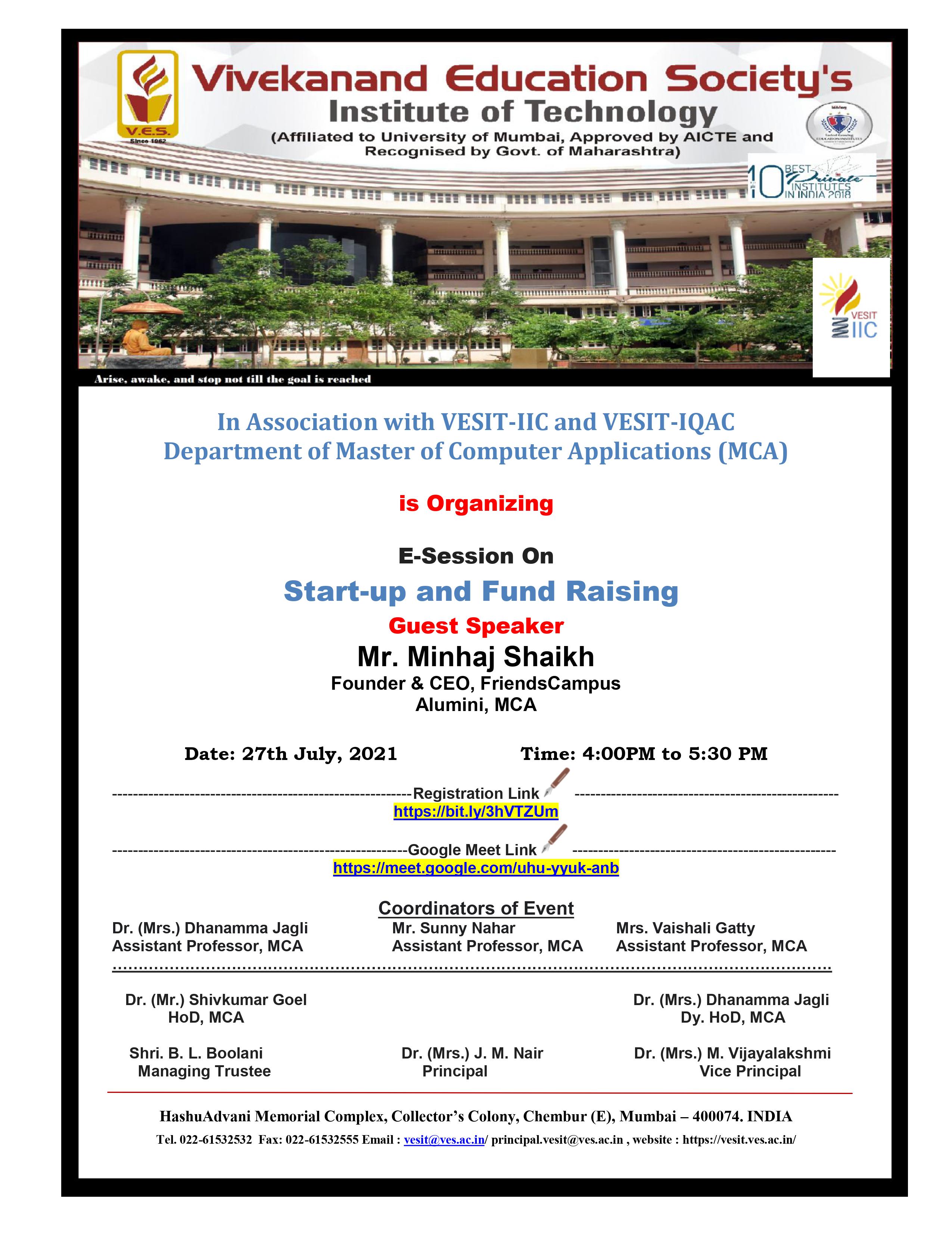 E-Session on Start-up and Fund Raising on 27th July 2021 @ 4PM