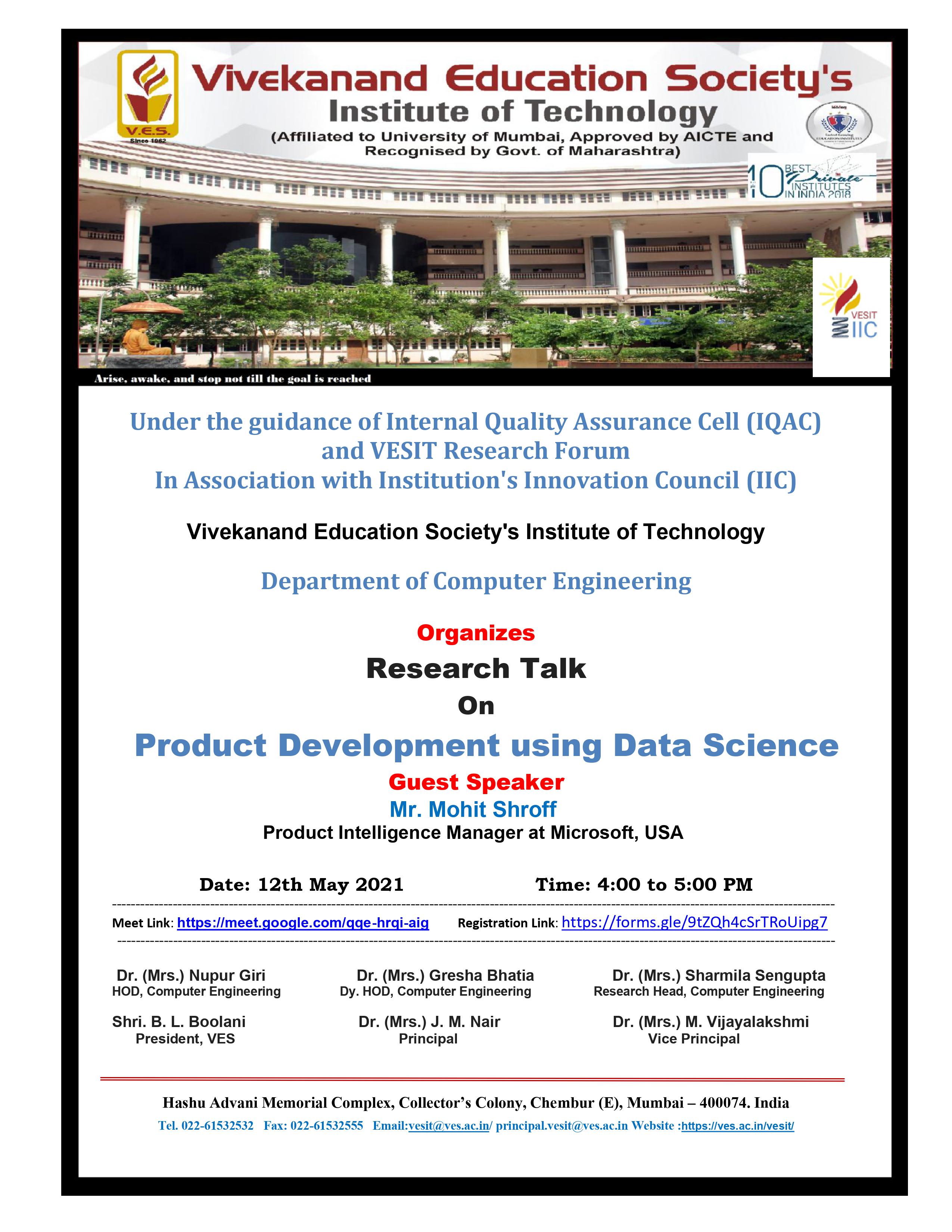 Research Talk delivered by Mr. Mohit Shroff organized by the ComputerEngineering Department on 12th May 2021. .