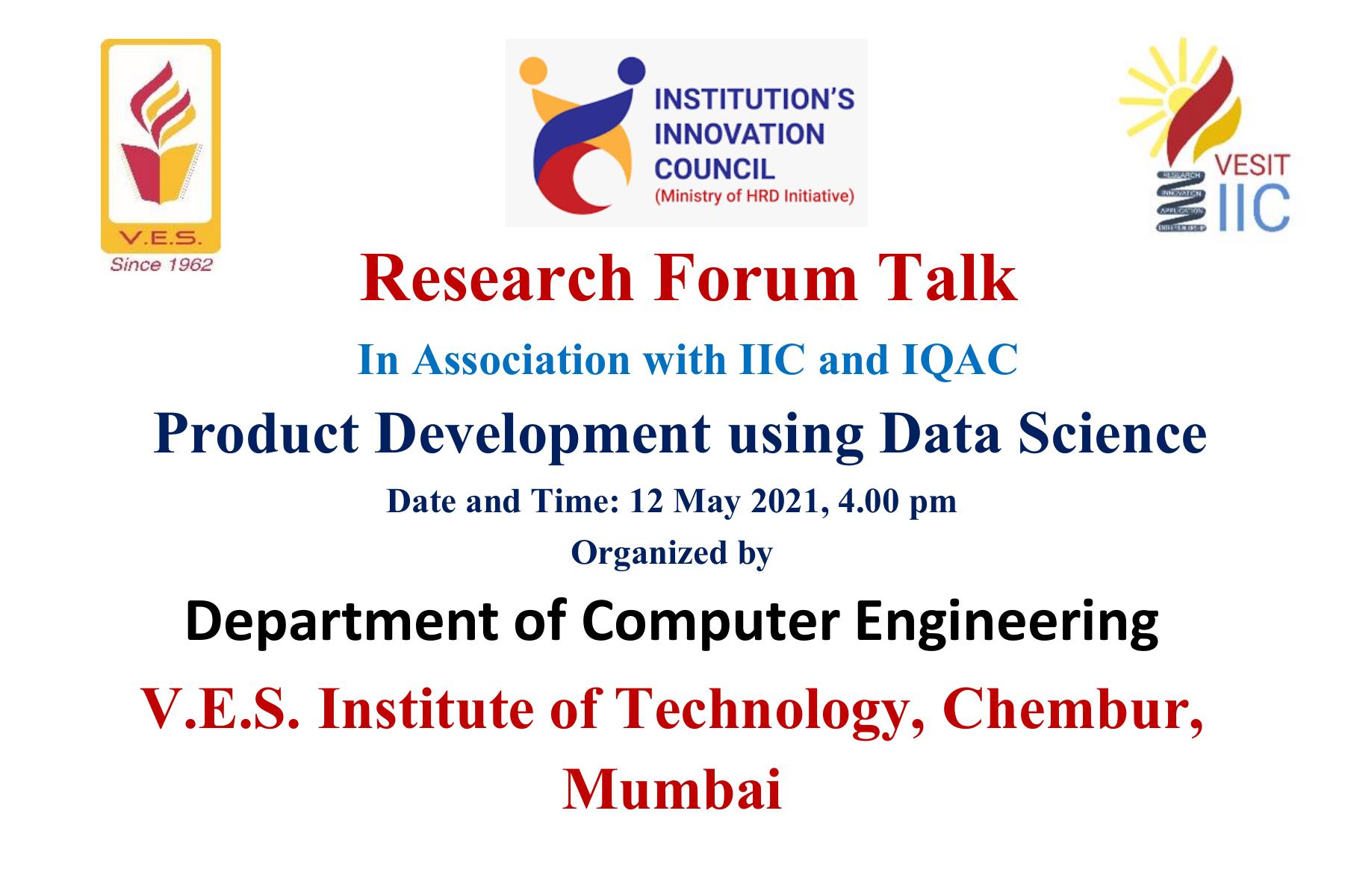 Research Talk : "Product Development using Data Science" on 12th May 2021
