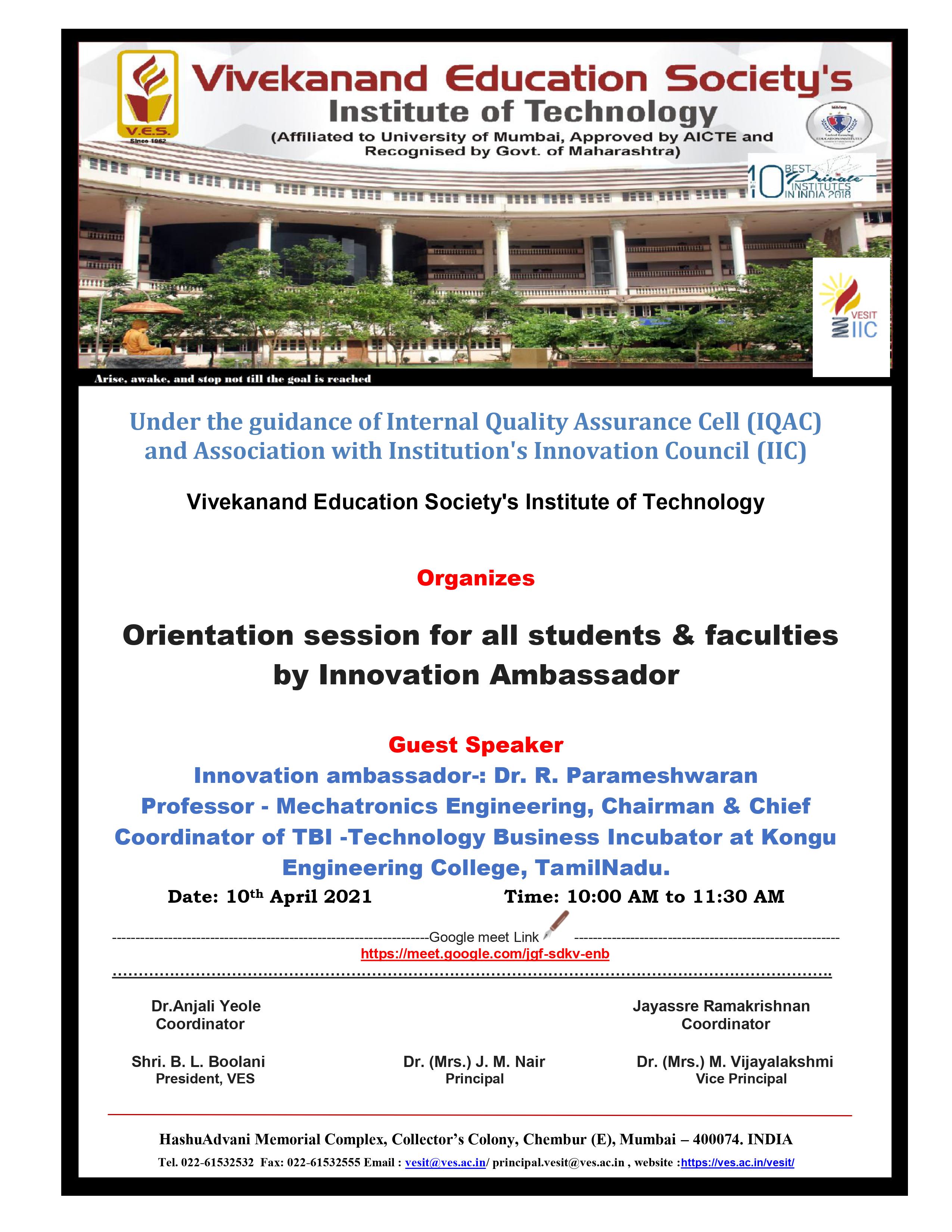 Orientation session for all students &amp; faculties by Innovation  Ambassador