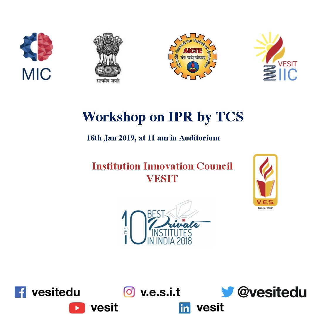 The Workshop on “Intellectual Property Rights(IPR)” -by Tata Consultancy Services  18thJanuary 2019 from 11:00 AM to 13:00PM