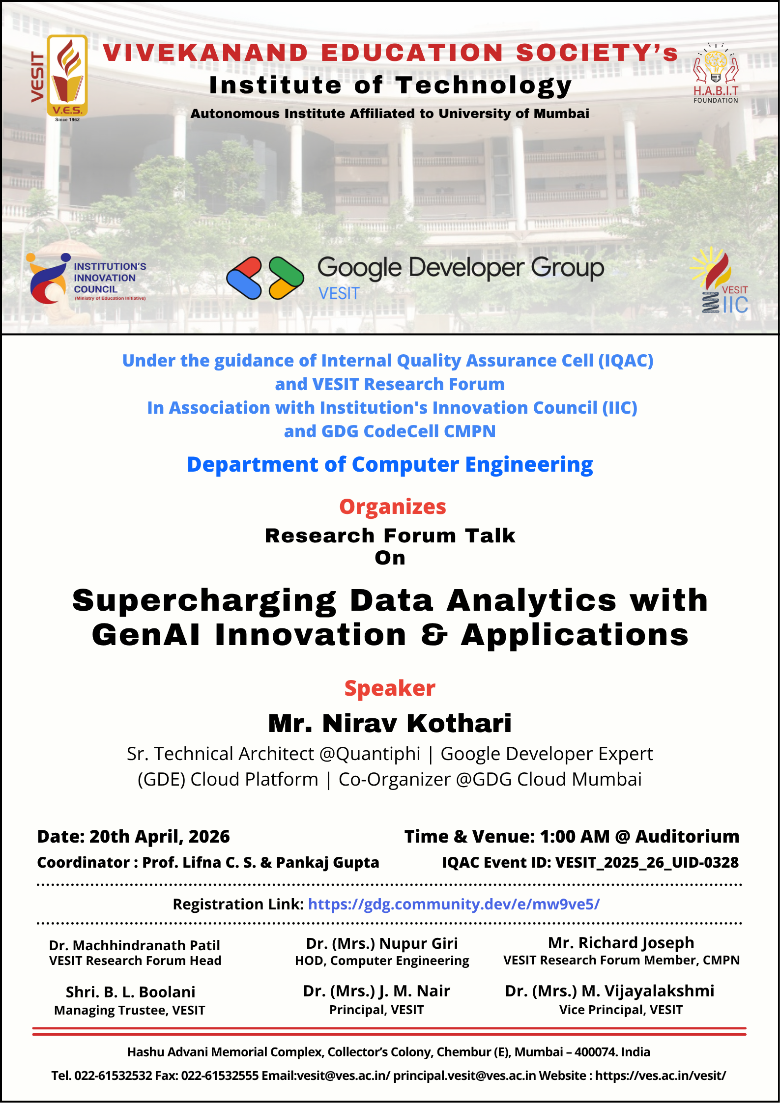Research Forum Session on "Supercharging Data Analytics with GenAI Innovation & Applications" on 20th April, 2026 at 1.00 pm