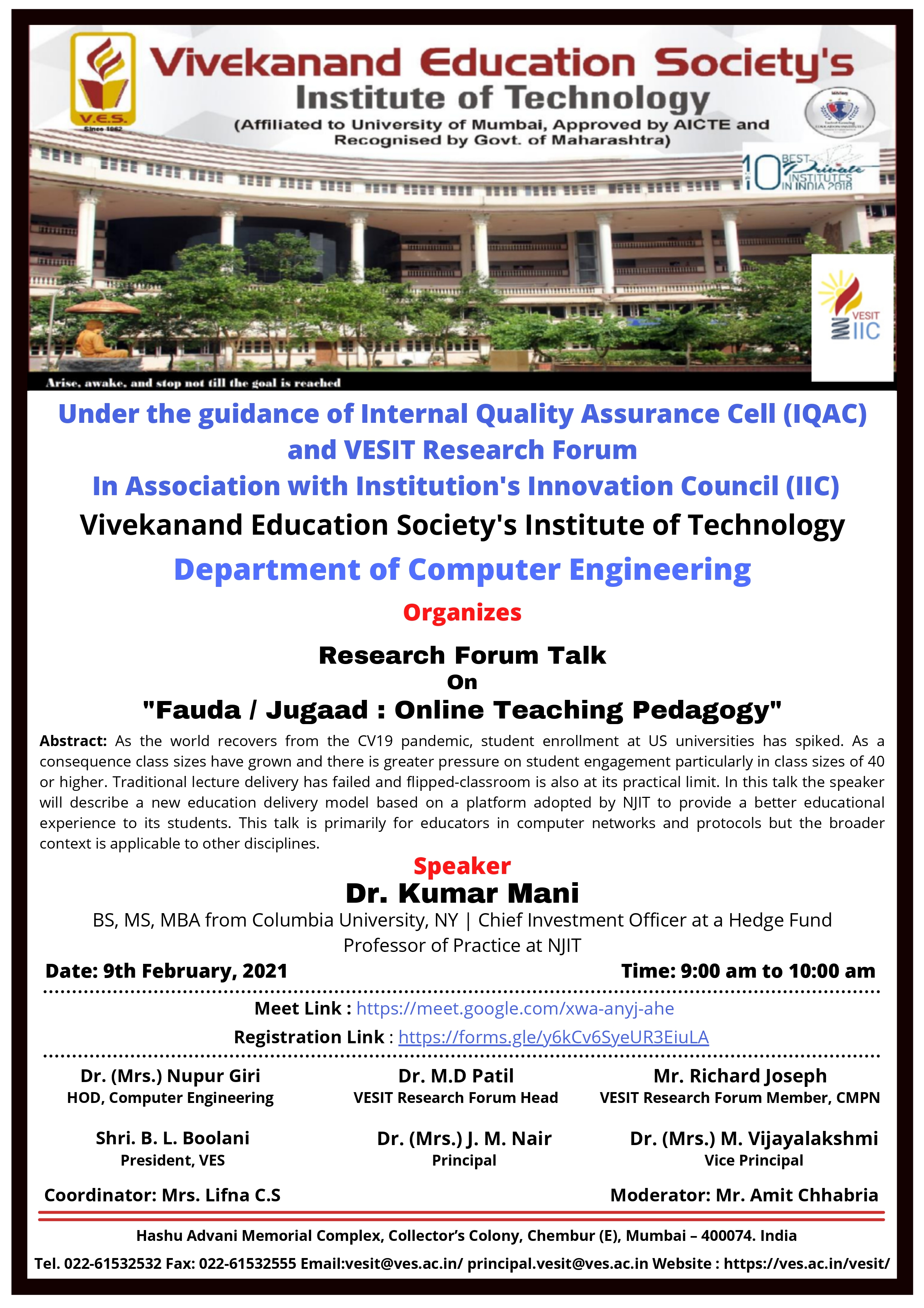 Press Note &amp; Poster for the Research Forum Talk on "Fauda / Jugaad: Online Teaching Pedagogy"