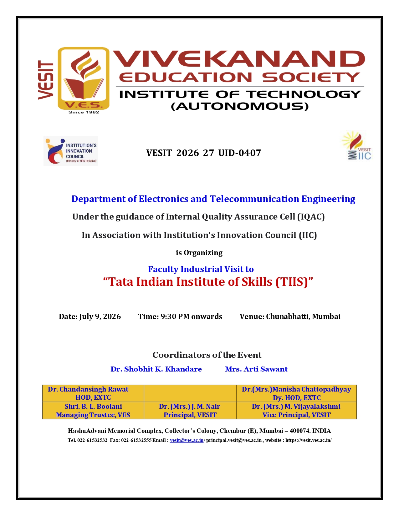 Faculty Industrial Visit to “Tata Indian Institute of Skills (TIIS)